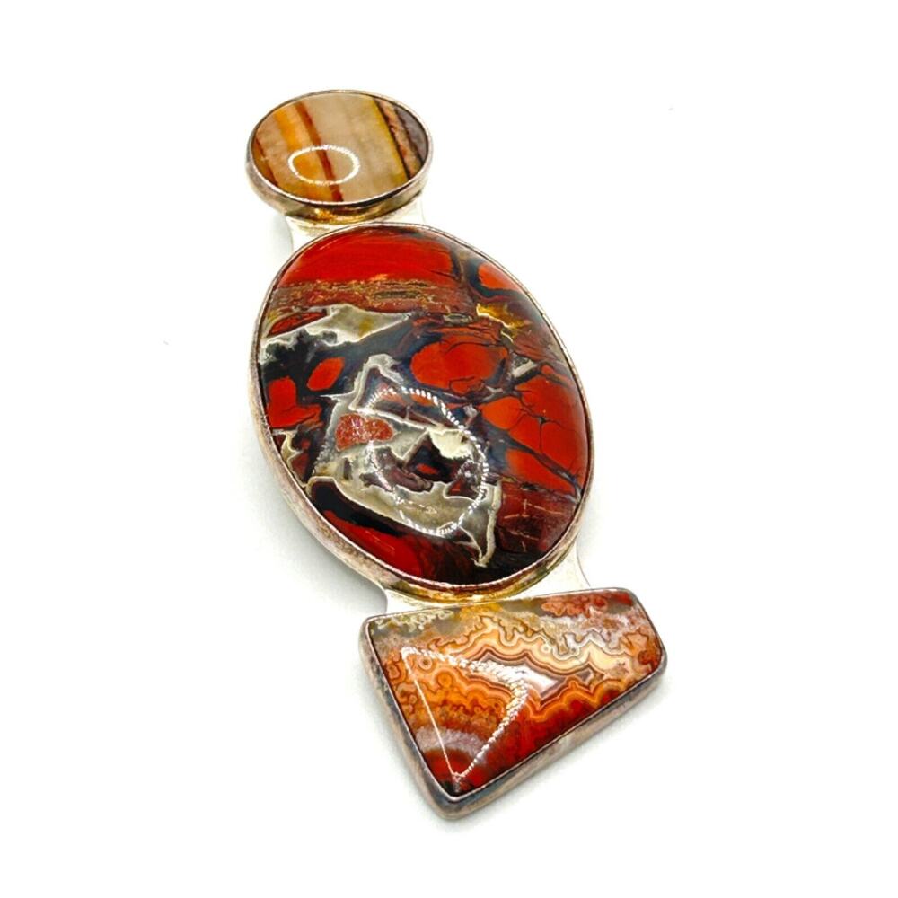 Vintage 90s Sterling Silver Ibis Jasper Crazy Lace Orca Agate Statement Pendant
